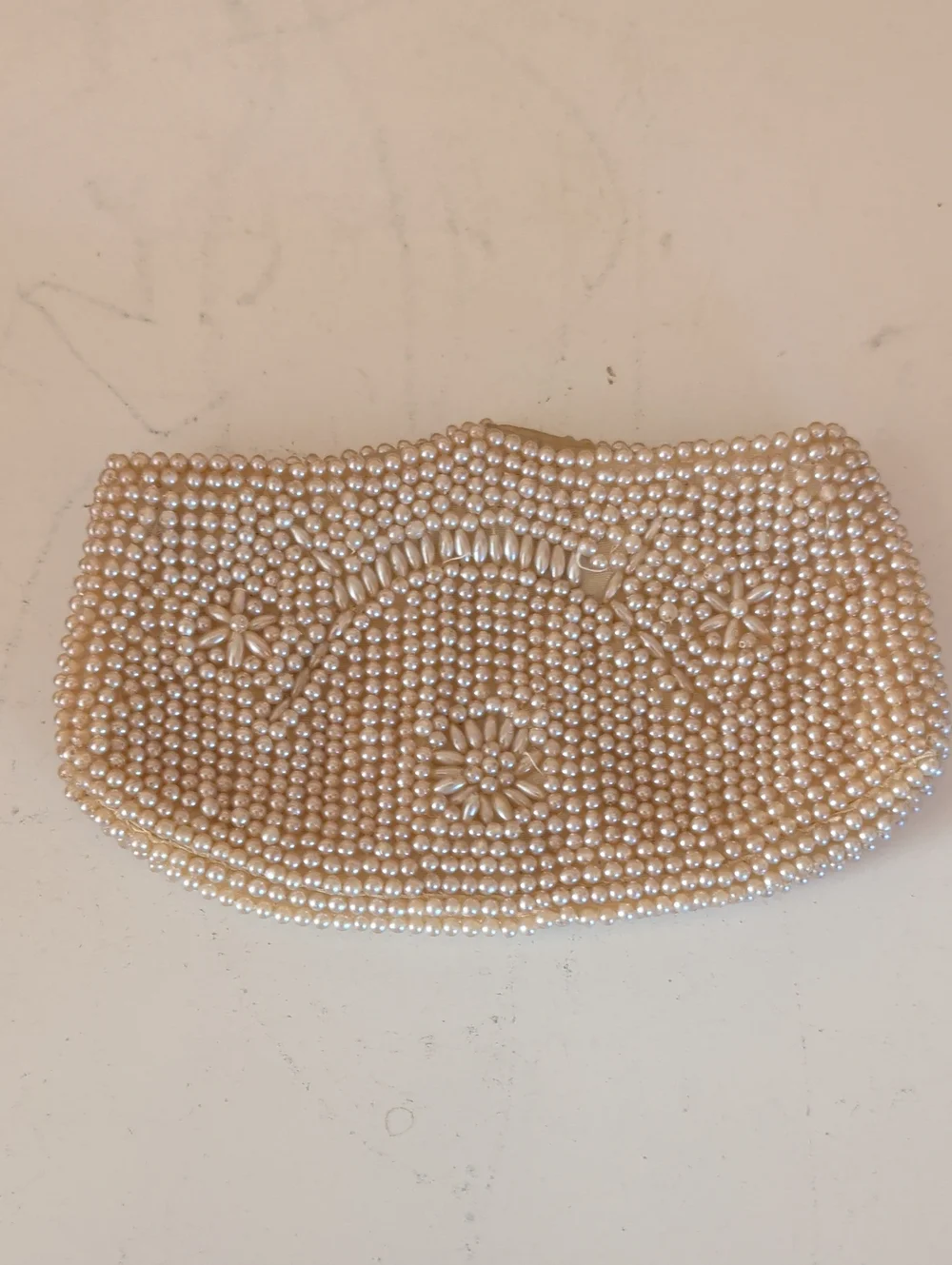 VTG. Faux Pearl Beaded Clutch Bag - Elegant Cream Evening Purse. Made In Japan